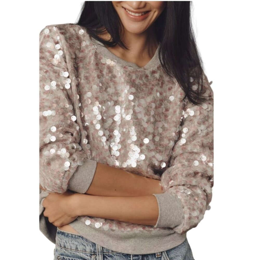 Maeve Long-Sleeve Sequin Sweatshirt Anthropologie Anthro Pink/Gray Small